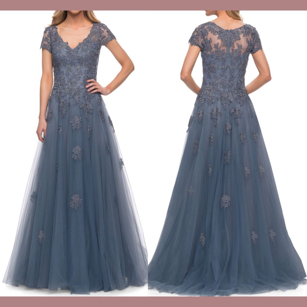 NWT $619 La Femme [ 4 ] V Neck Floral Appliqué Tulle‎ A-Line Gown in Slate